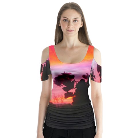 Sunset And Geraniums Butterfly Sleeve Cutout Tee  by okhismakingart