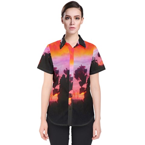 Sunset And Geraniums Women s Short Sleeve Shirt by okhismakingart