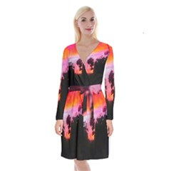 Sunset And Geraniums Long Sleeve Velvet Front Wrap Dress by okhismakingart