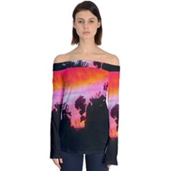 Sunset And Geraniums Off Shoulder Long Sleeve Top by okhismakingart