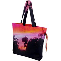 Sunset And Geraniums Drawstring Tote Bag by okhismakingart