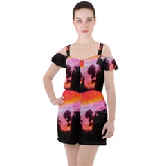 Sunset And Geraniums Ruffle Cut Out Chiffon Playsuit by okhismakingart