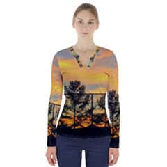 Fence Line Trees V-neck Long Sleeve Top by okhismakingart