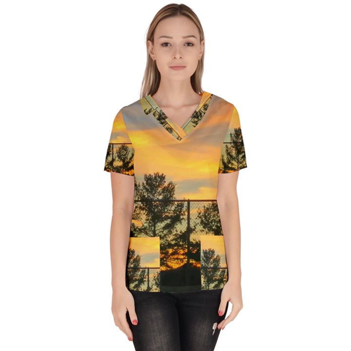 Fence Line Trees Women s V-Neck Scrub Top