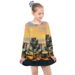 Fence Line Trees Kids  Long Sleeve Dress by okhismakingart