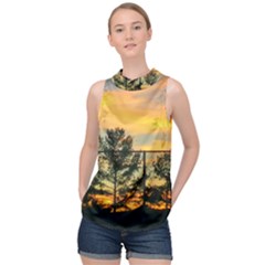 Fence Line Trees High Neck Satin Top by okhismakingart