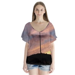 Parking Lot Sunset V-neck Flutter Sleeve Top by okhismakingart