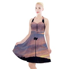 Parking Lot Sunset Halter Party Swing Dress  by okhismakingart