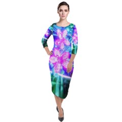 Glowing Flowers Quarter Sleeve Midi Velour Bodycon Dress