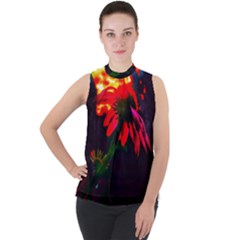 Neon Cone Flower Mock Neck Chiffon Sleeveless Top