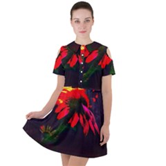 Neon Cone Flower Short Sleeve Shoulder Cut Out Dress 