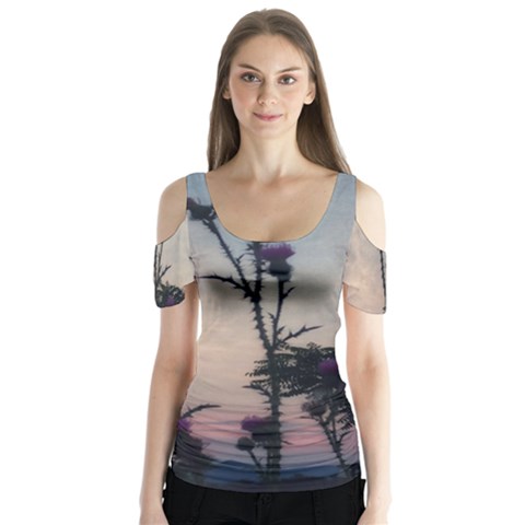 Hazy Thistles Butterfly Sleeve Cutout Tee  by okhismakingart