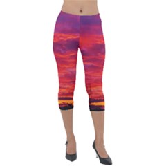 Warm Landscape Lightweight Velour Capri Leggings  by okhismakingart