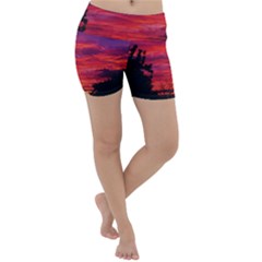 Warm Landscape Lightweight Velour Yoga Shorts by okhismakingart