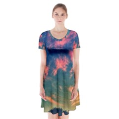 Brushstroke Skies Short Sleeve V-neck Flare Dress