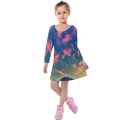 Brushstroke Skies Kids  Long Sleeve Velvet Dress