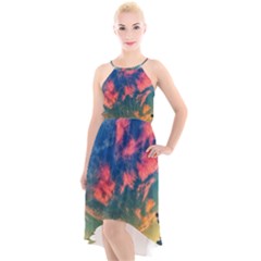 Brushstroke Skies High-low Halter Chiffon Dress 