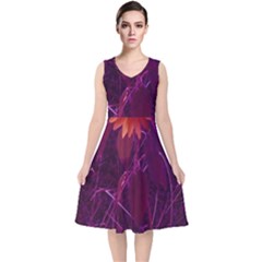 Purple Sunflower V-neck Midi Sleeveless Dress  by okhismakingart