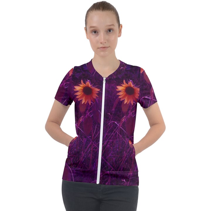 Purple Sunflower Short Sleeve Zip Up Jacket