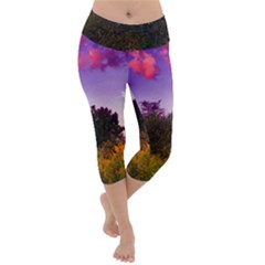 Purple Afternoon Lightweight Velour Capri Yoga Leggings by okhismakingart