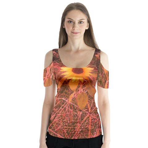 Red Tinted Sunflower Butterfly Sleeve Cutout Tee  by okhismakingart