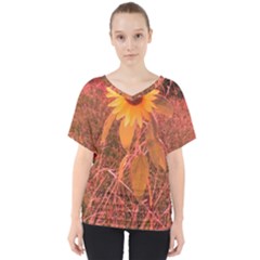 Red Tinted Sunflower V-Neck Dolman Drape Top