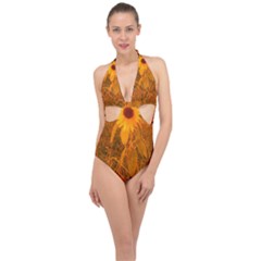 Yellow Sunflower Halter Front Plunge Swimsuit