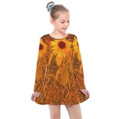 Yellow Sunflower Kids  Long Sleeve Dress