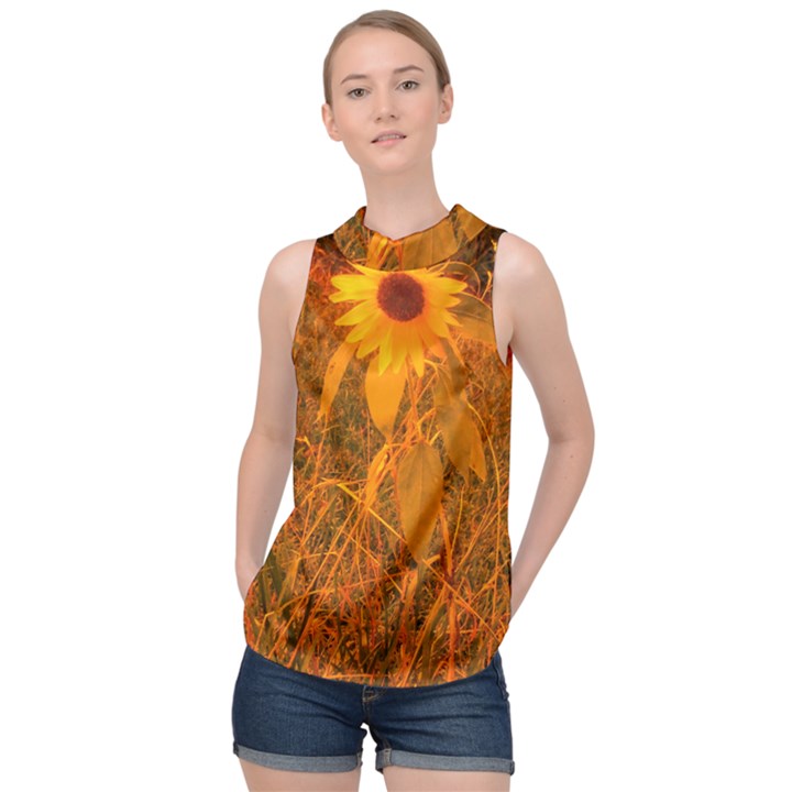 Yellow Sunflower High Neck Satin Top