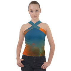 Orange And Blue Sky Cross Neck Velour Top