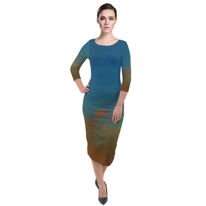 Orange and Blue Sky Quarter Sleeve Midi Velour Bodycon Dress