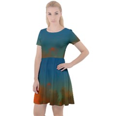 Orange And Blue Sky Cap Sleeve Velour Dress 