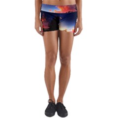 Deep Blue Sunset Yoga Shorts by okhismakingart