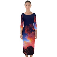 Deep Blue Sunset Quarter Sleeve Midi Bodycon Dress by okhismakingart