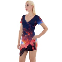 Deep Blue Sunset Short Sleeve Asymmetric Mini Dress