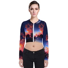 Deep Blue Sunset Long Sleeve Zip Up Bomber Jacket by okhismakingart