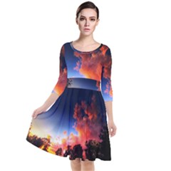 Deep Blue Sunset Quarter Sleeve Waist Band Dress by okhismakingart