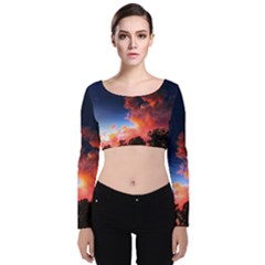 Deep Blue Sunset Velvet Long Sleeve Crop Top by okhismakingart