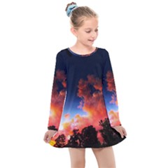 Deep Blue Sunset Kids  Long Sleeve Dress by okhismakingart