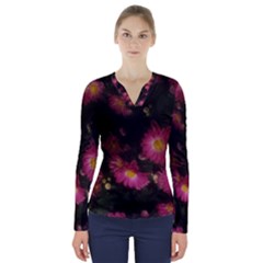 Purple Flowers With Yellow Centers V-neck Long Sleeve Top by okhismakingart