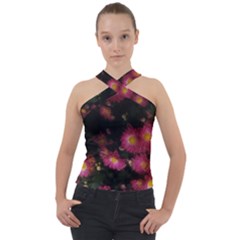 Purple Flowers With Yellow Centers Cross Neck Velour Top