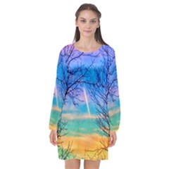 Pastel Plane Take-off Long Sleeve Chiffon Shift Dress  by okhismakingart