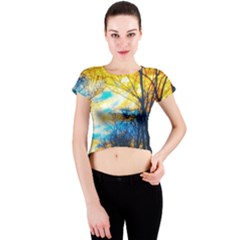 Yellow And Blue Forest Crew Neck Crop Top by okhismakingart