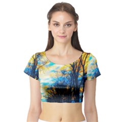 Yellow And Blue Forest Short Sleeve Crop Top by okhismakingart