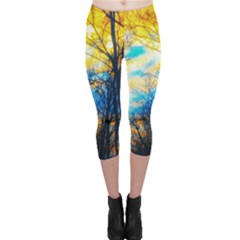 Yellow And Blue Forest Capri Leggings  by okhismakingart