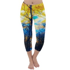 Yellow And Blue Forest Capri Winter Leggings  by okhismakingart