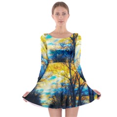 Yellow And Blue Forest Long Sleeve Skater Dress by okhismakingart