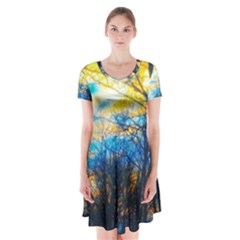 Yellow And Blue Forest Short Sleeve V-neck Flare Dress by okhismakingart