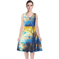 Yellow And Blue Forest V-neck Midi Sleeveless Dress  by okhismakingart