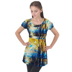 Yellow And Blue Forest Puff Sleeve Tunic Top